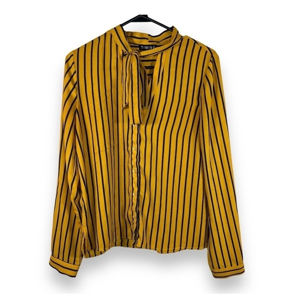 MEDIUM TIMING MUSTARD YELLOW BLUE STRIPES BOW NECKLINE LONG SLEEVE - Picture 1 of 10
